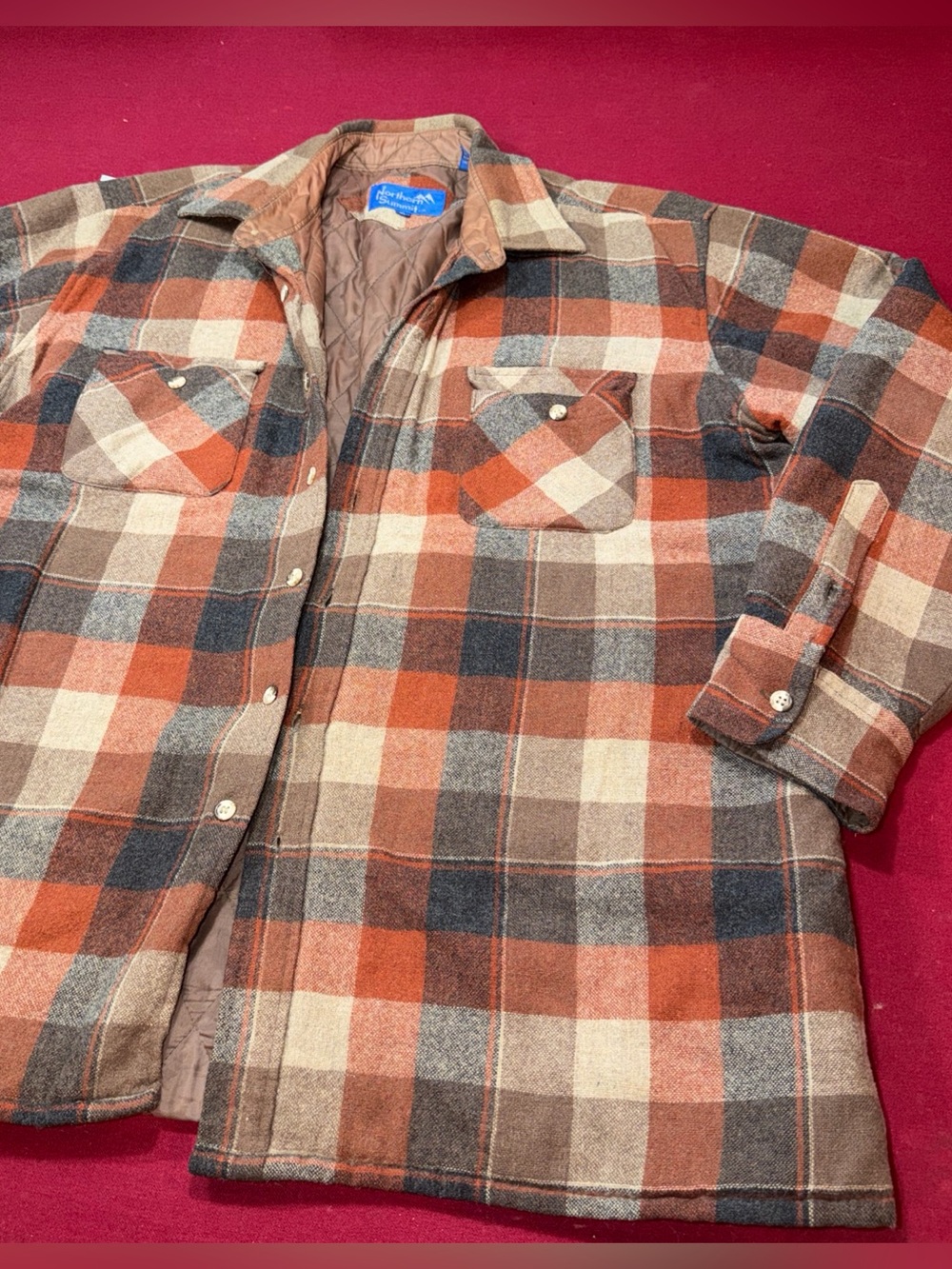 Wool Nylon QUILTED PLAID Shirt JACKET Mens XL VTG brown Orange Tan Button Front